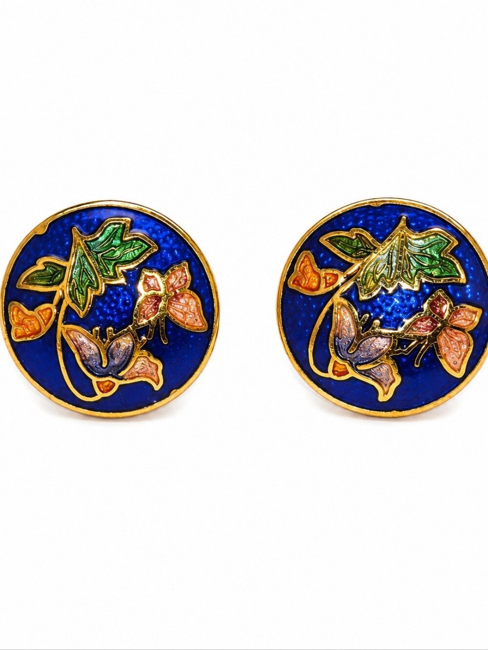 Blue Floral Enamel Cloisonne Round Post Earrings
